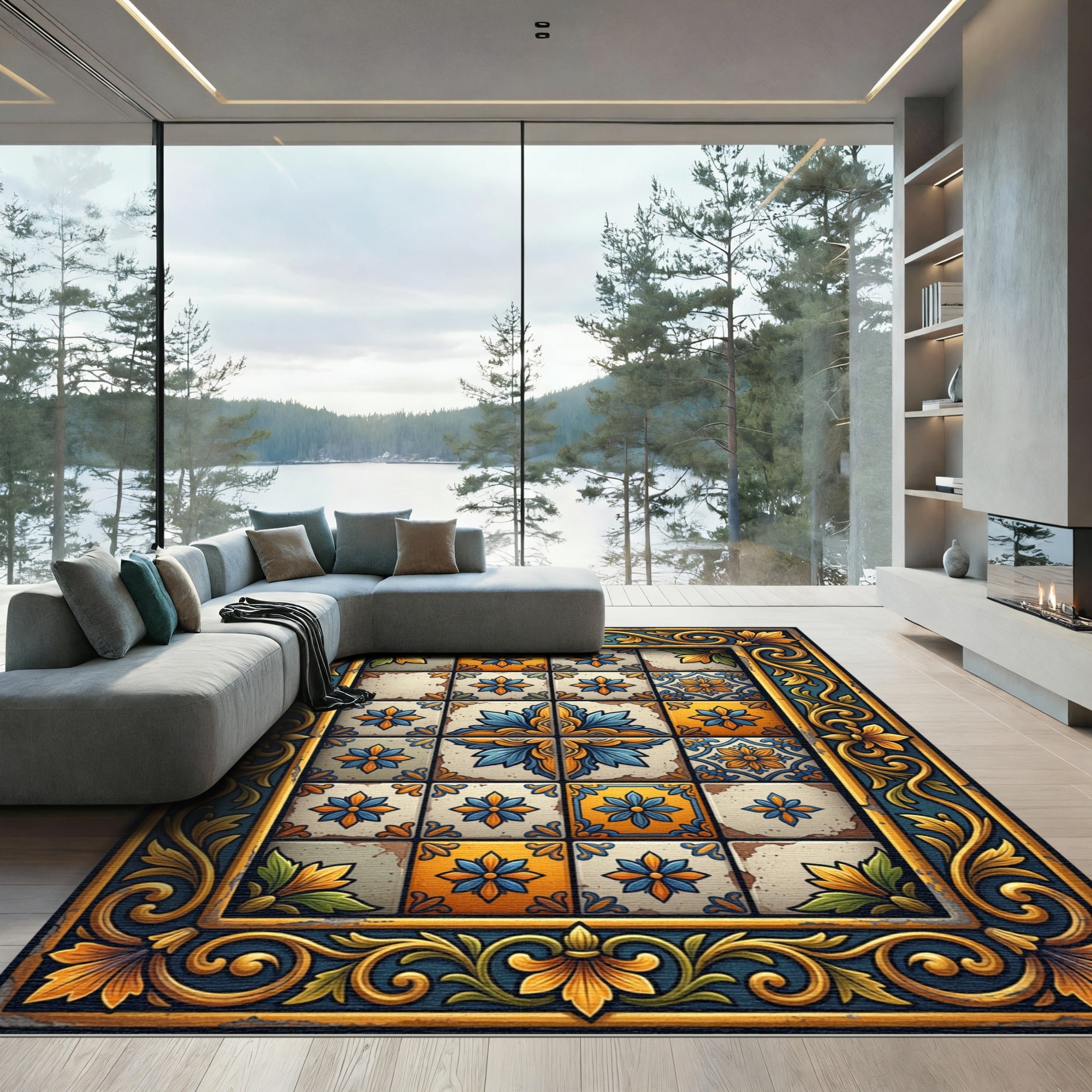 Golden Blue Floral Talavera Tile Rug