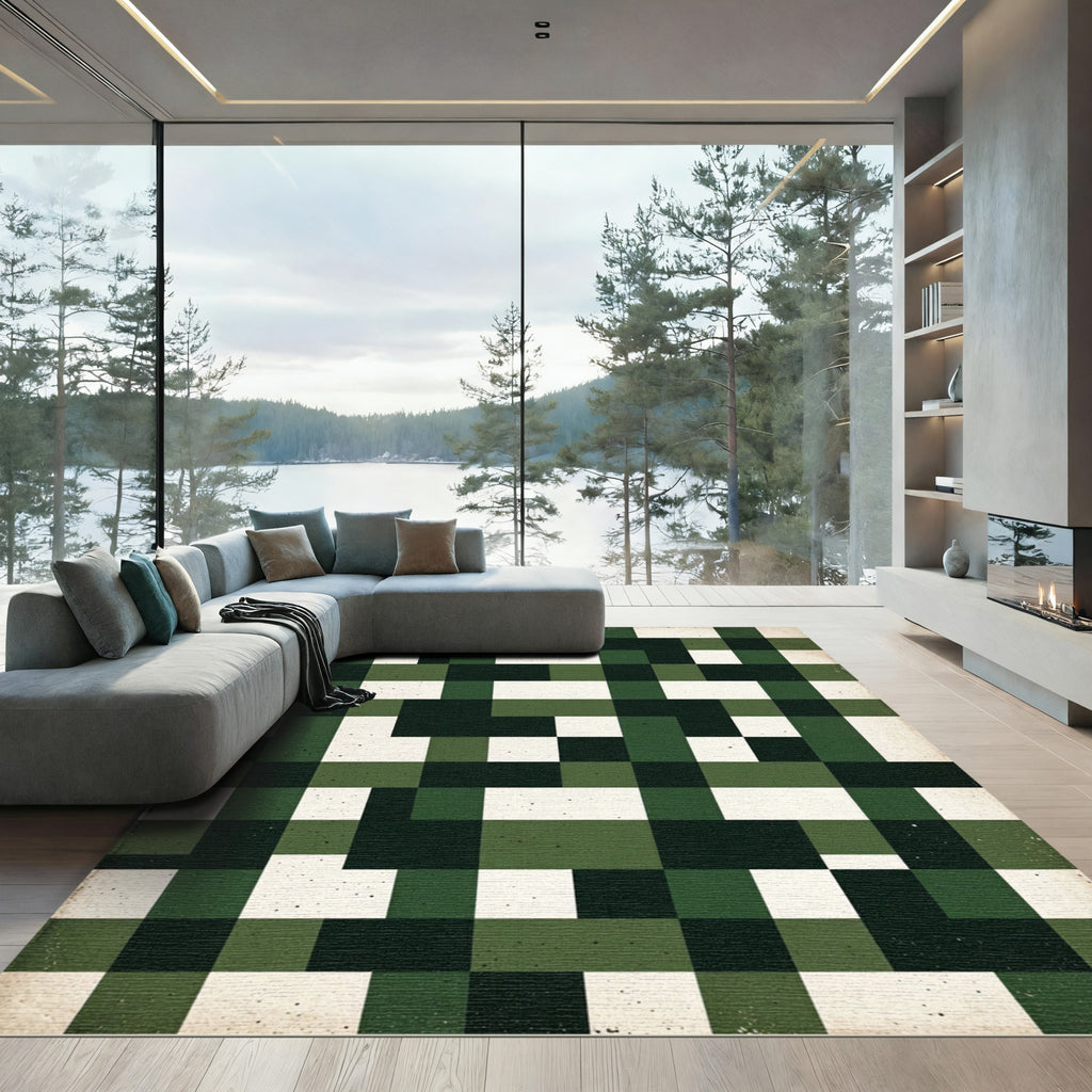 Forest Green White Brick Pattern Rug