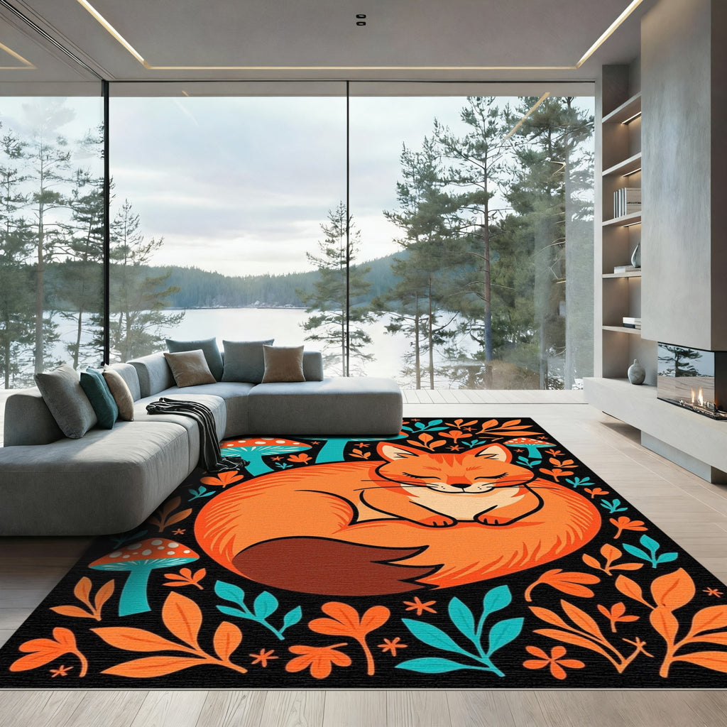 Whimsical Orange Fox Mushroom Garden Rug