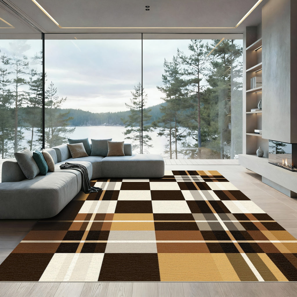 Modern Chocolate and Cream Plaid Rug