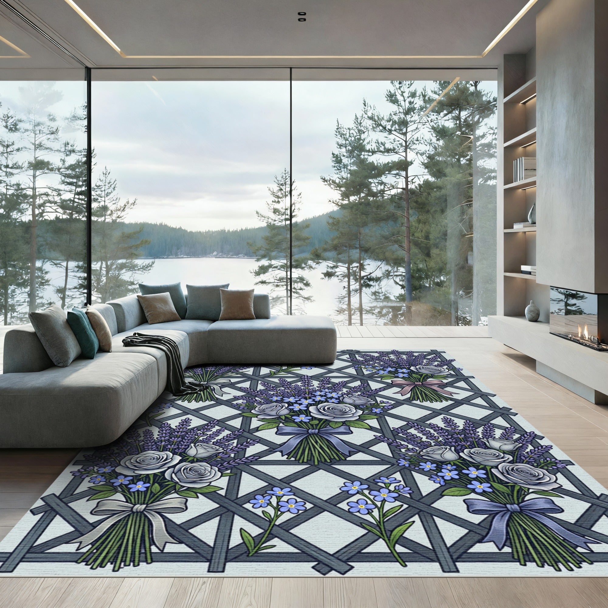 Lavender Rose Bouquet Trellis Art Rug