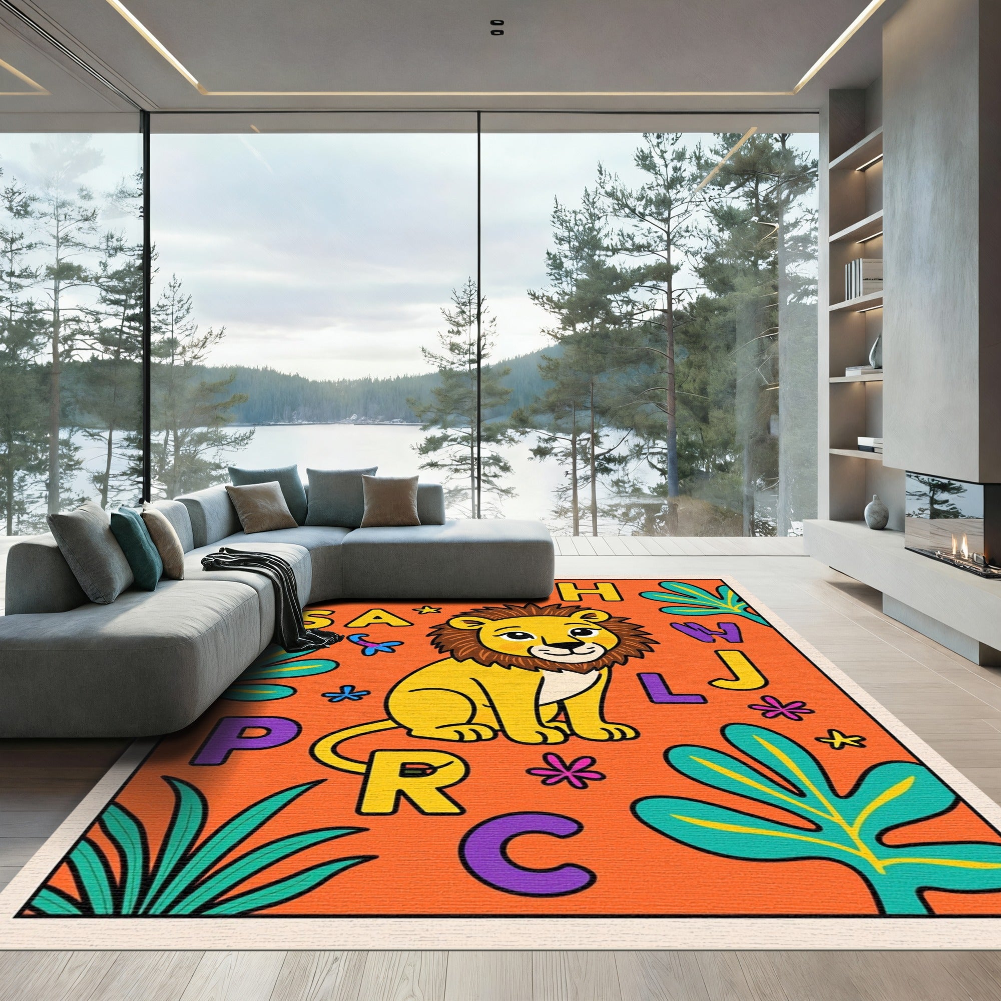 Whimsical Lion Alphabet Jungle Rug