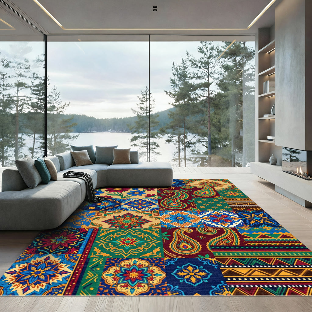 Vibrant Floral Paisley Medallion Patchwork Rug