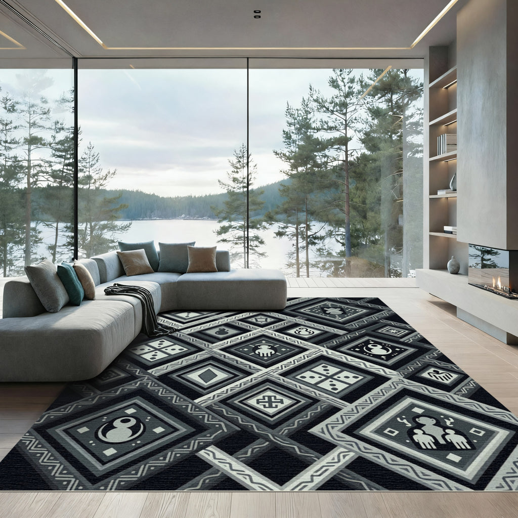 Monochromatic Geometric Diamond Folk Wall Art Rug
