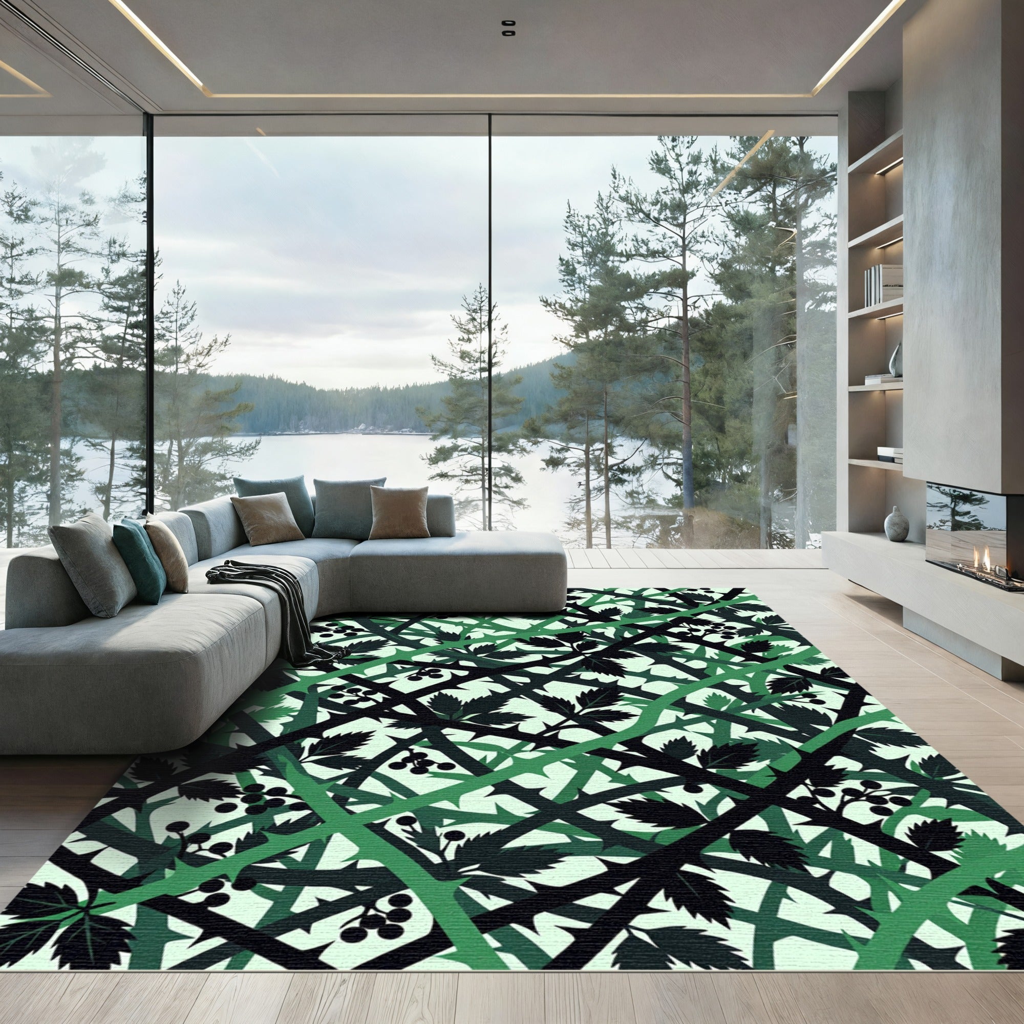 Overlapping Green Thorn Vine Abstract Rug