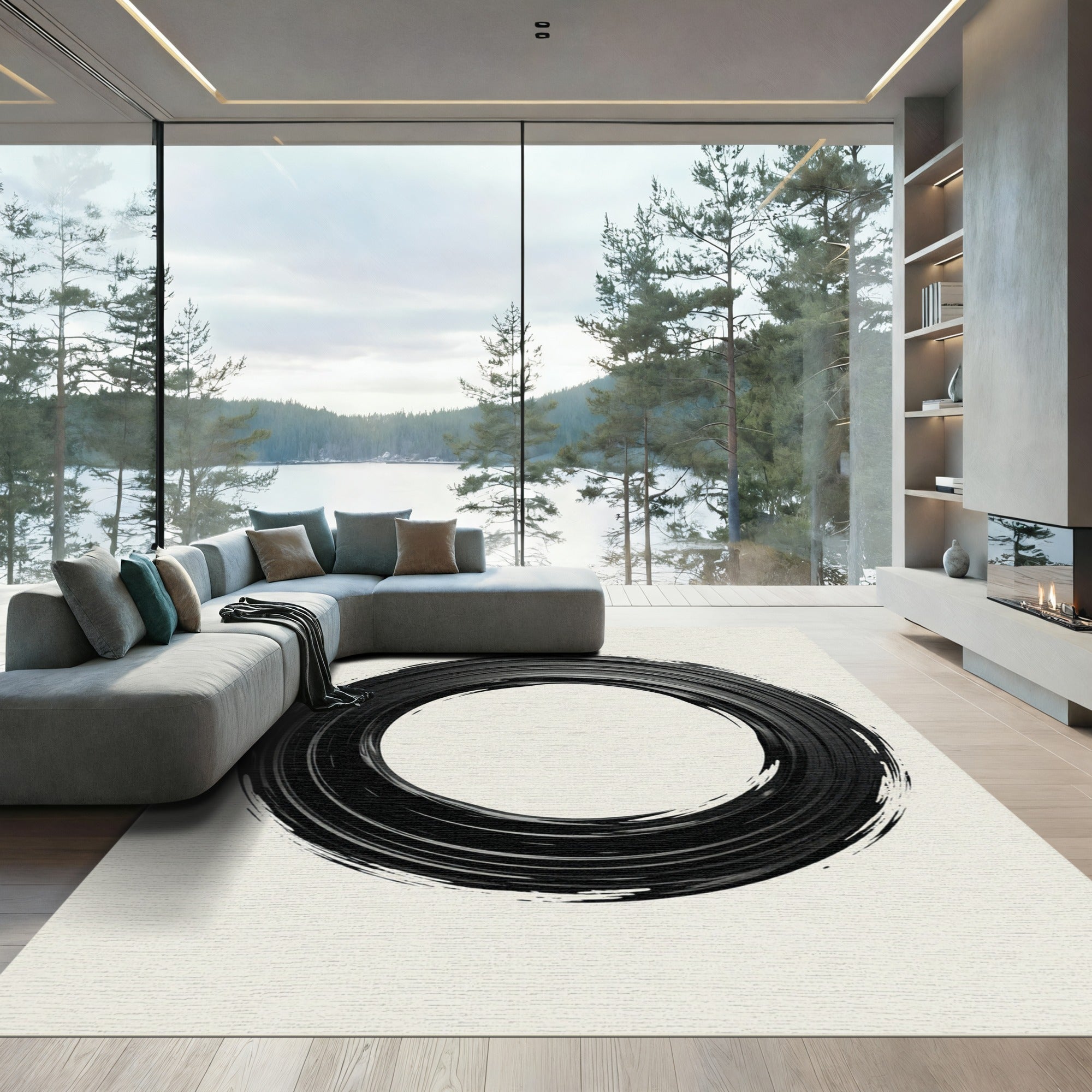 Bold Black Brushstroke Circle Rug