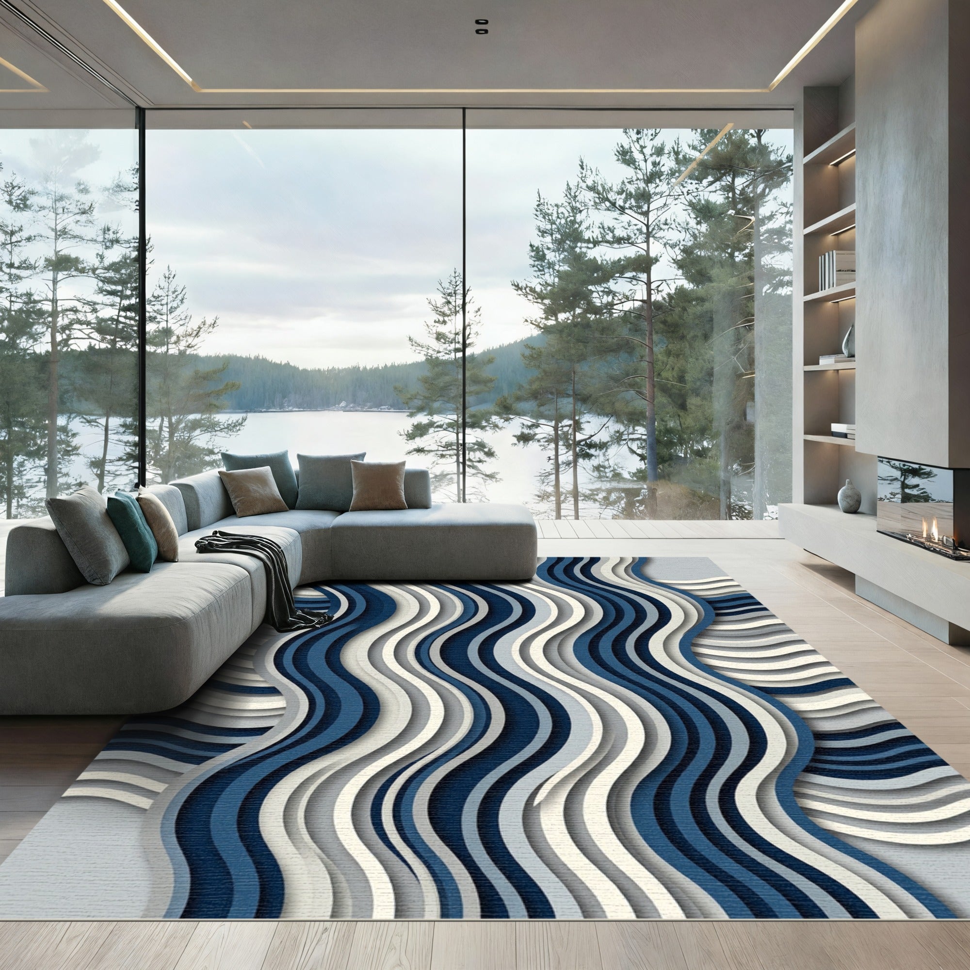Modern Navy Blue Layered Wavy Rug