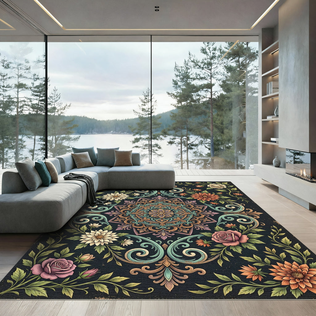Floral Scroll Medallion Dark Garden Rug