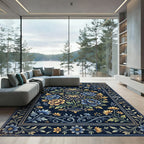 Navy Floral Chrysanthemum Medallion Tapestry Rug