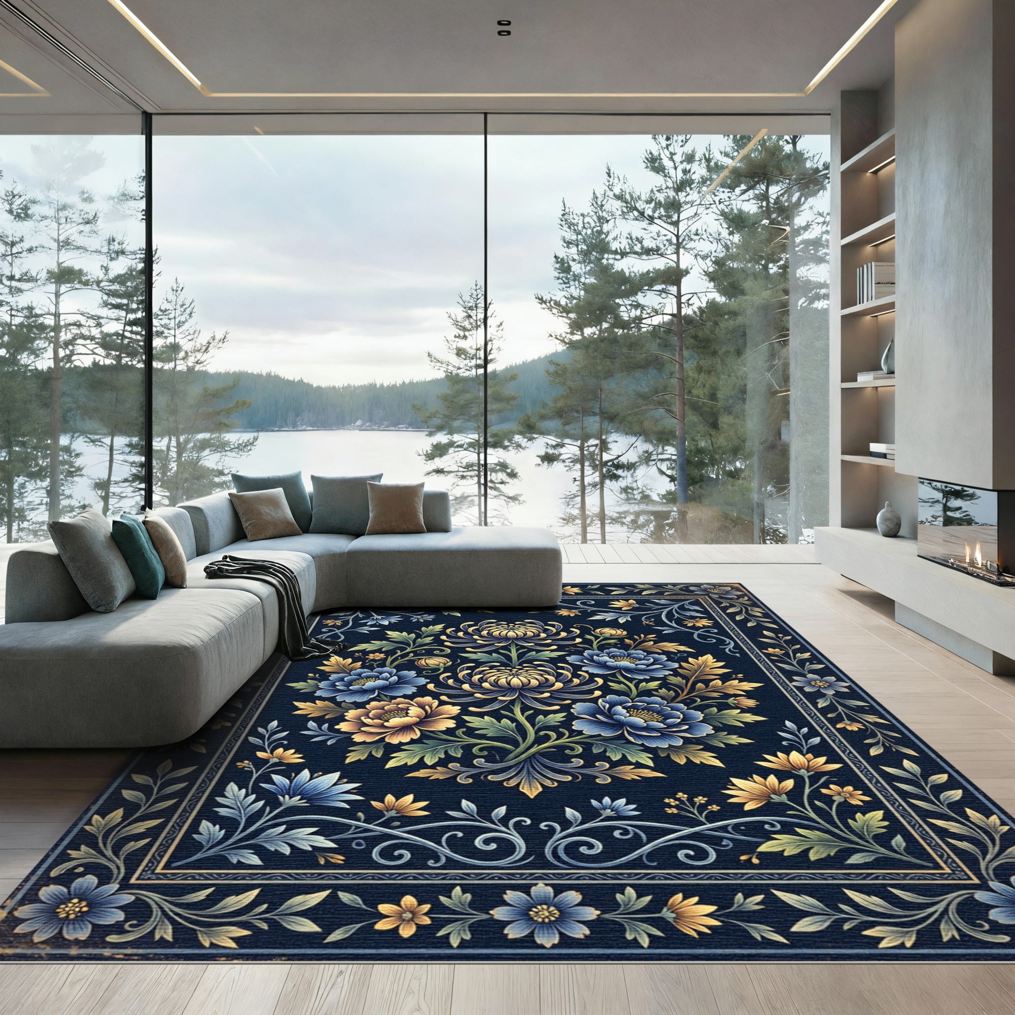 Navy Floral Chrysanthemum Medallion Tapestry Rug