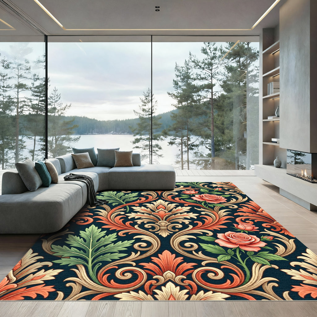 Coral Rose Scrolling Acanthus Damask Rug