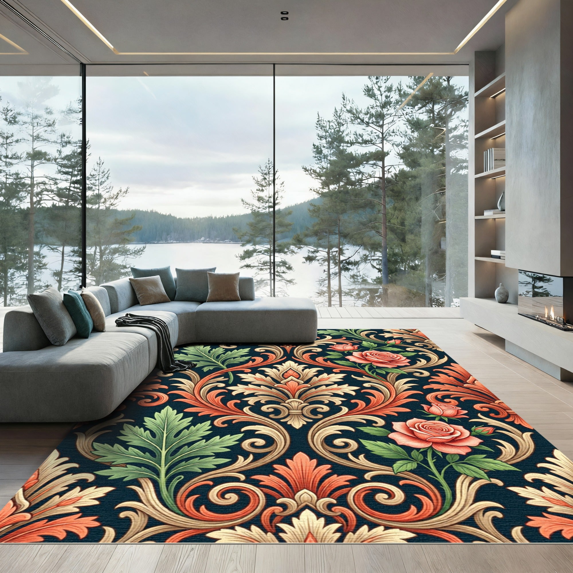 Coral Rose Scrolling Acanthus Damask Rug