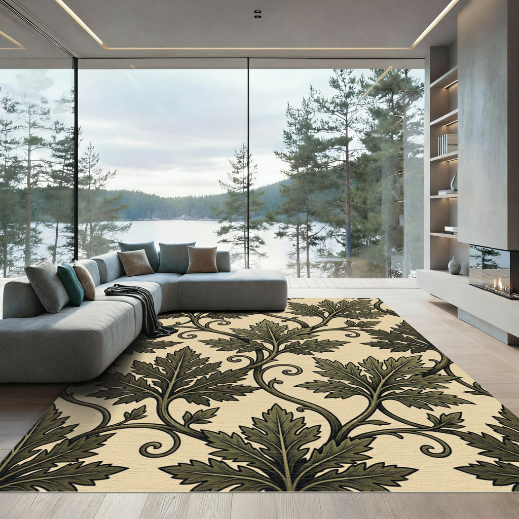 Antique Green Leafy Vine Scroll Rug