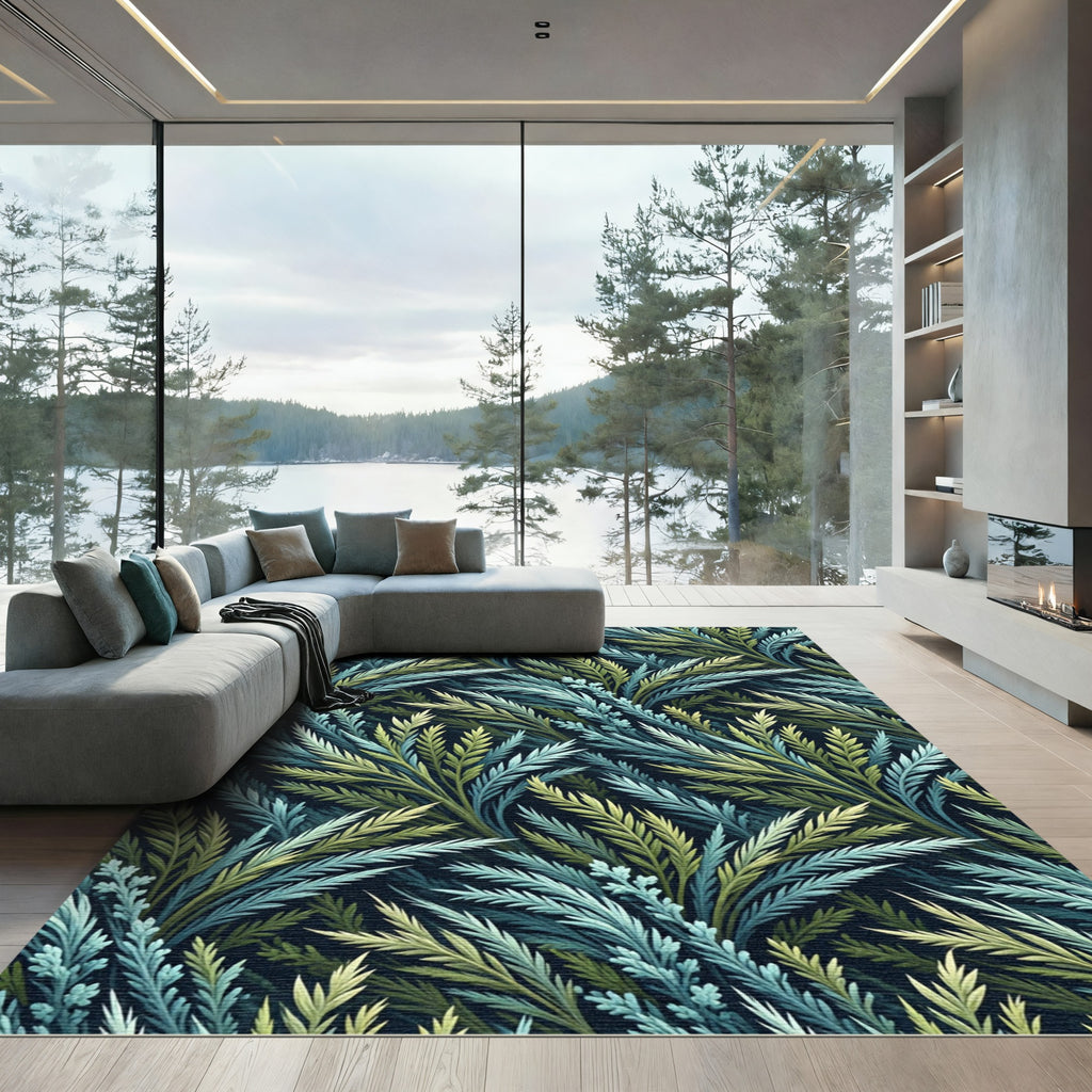 Lush Teal and Sage Botanical Fern Rug