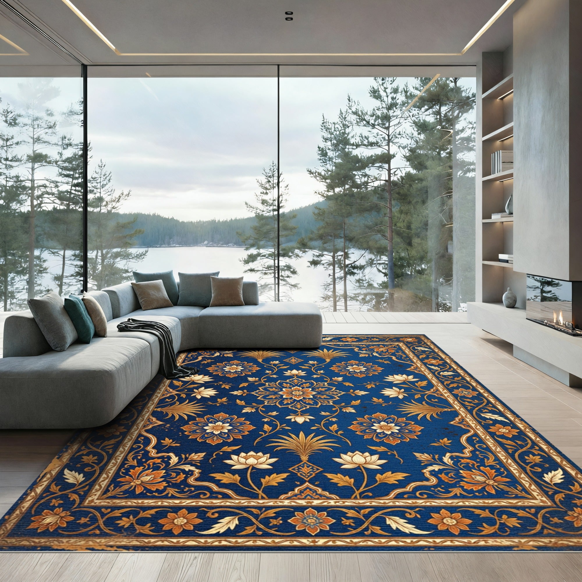 Royal Blue Floral Medallion Gold Accents Rug