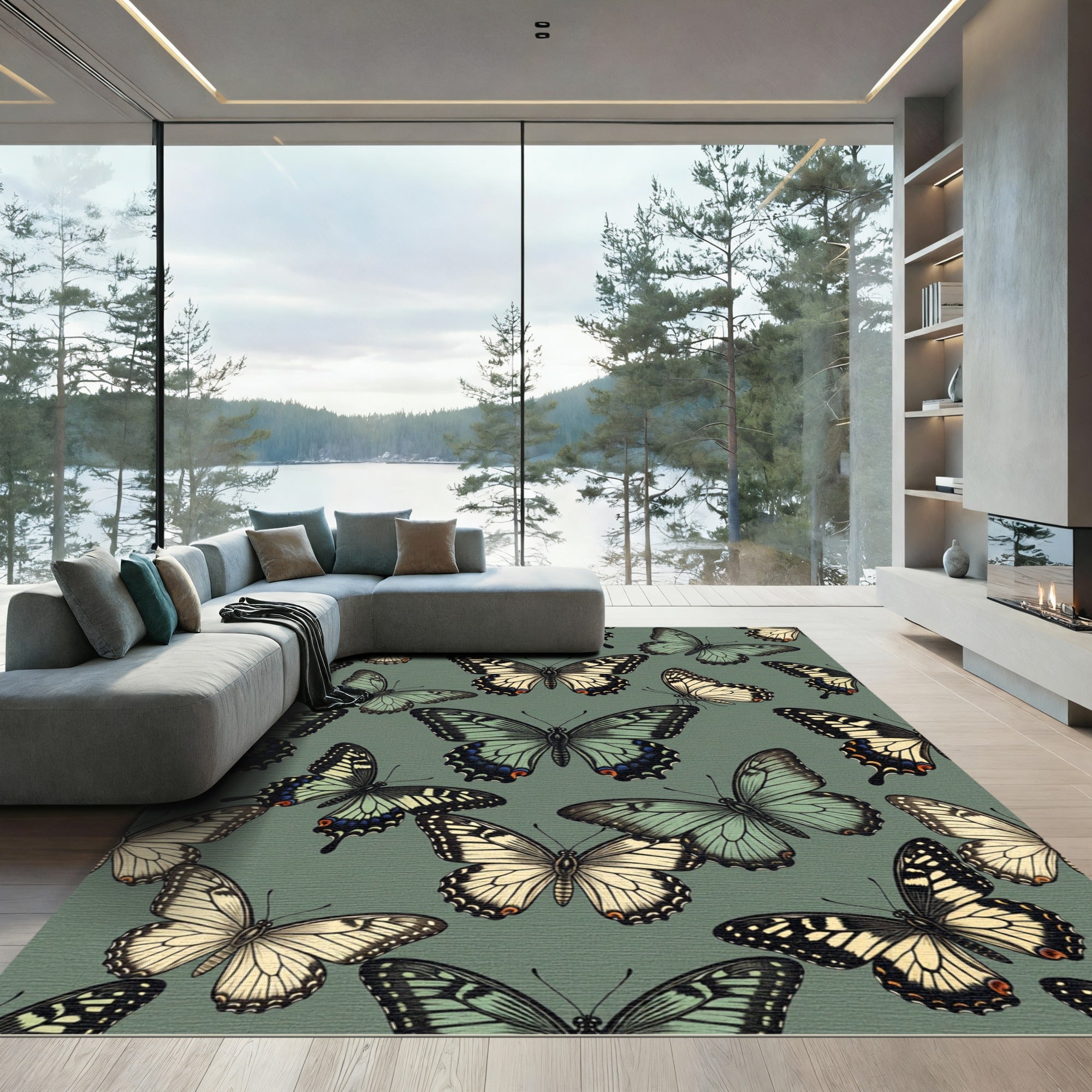 Sage Green Botanical Butterfly Ensemble Rug