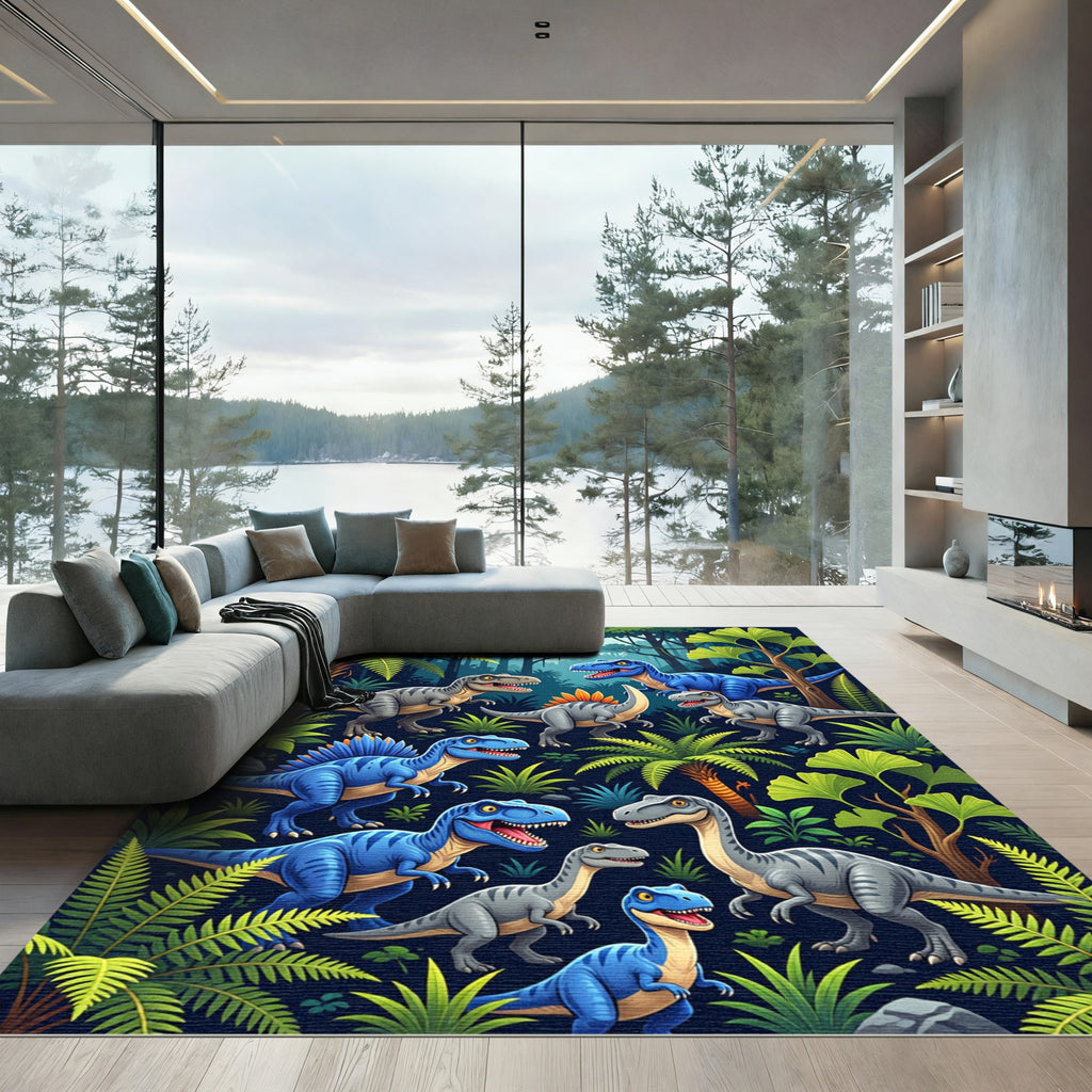 Vibrant Blue Dinosaur Jungle Landscape Rug