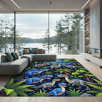 Vibrant Blue Dinosaur Jungle Landscape Rug