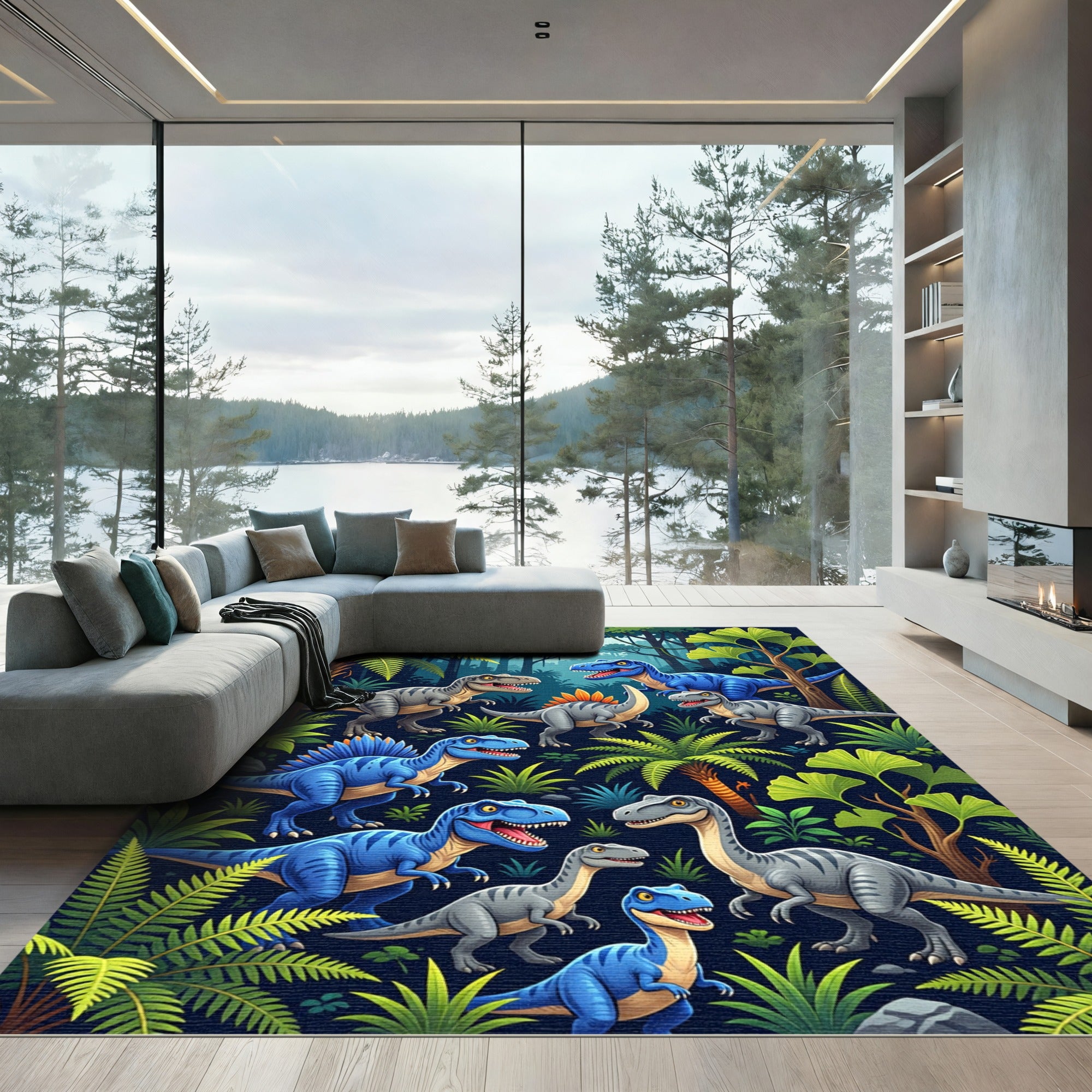 Vibrant Blue Dinosaur Jungle Landscape Rug