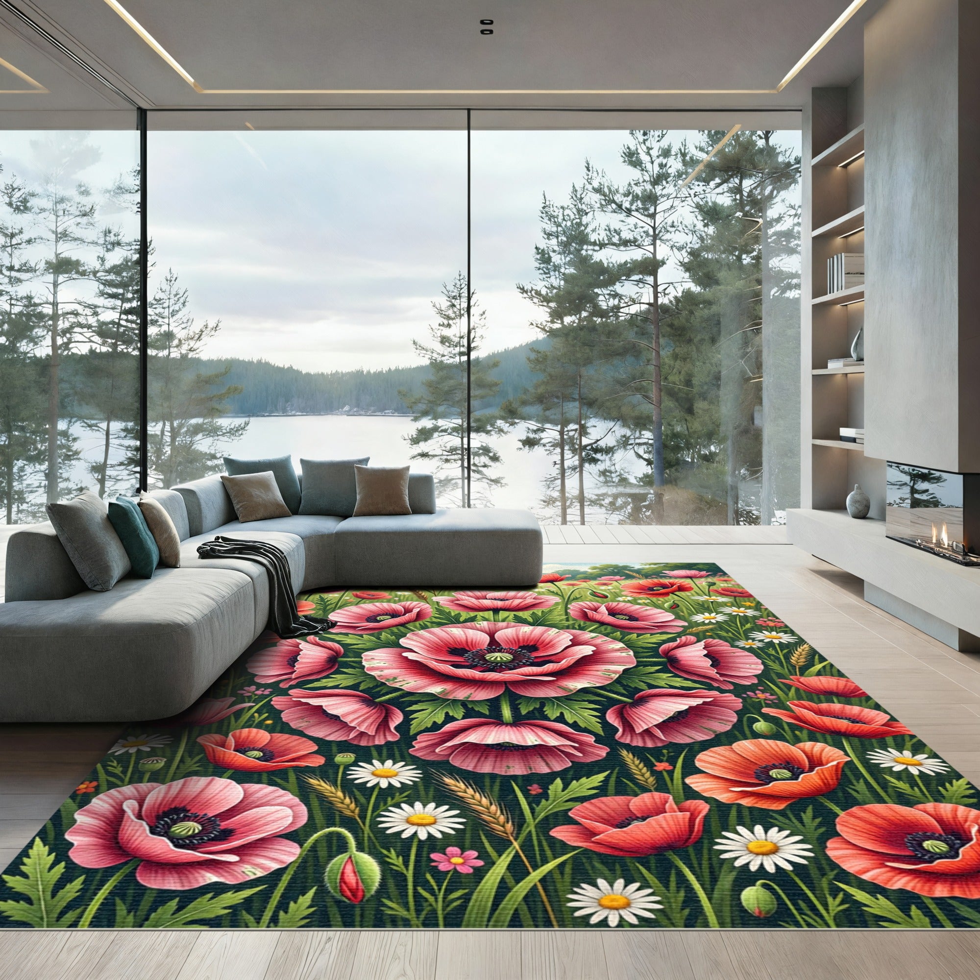 Vibrant Poppy Floral Garden Medallion Rug