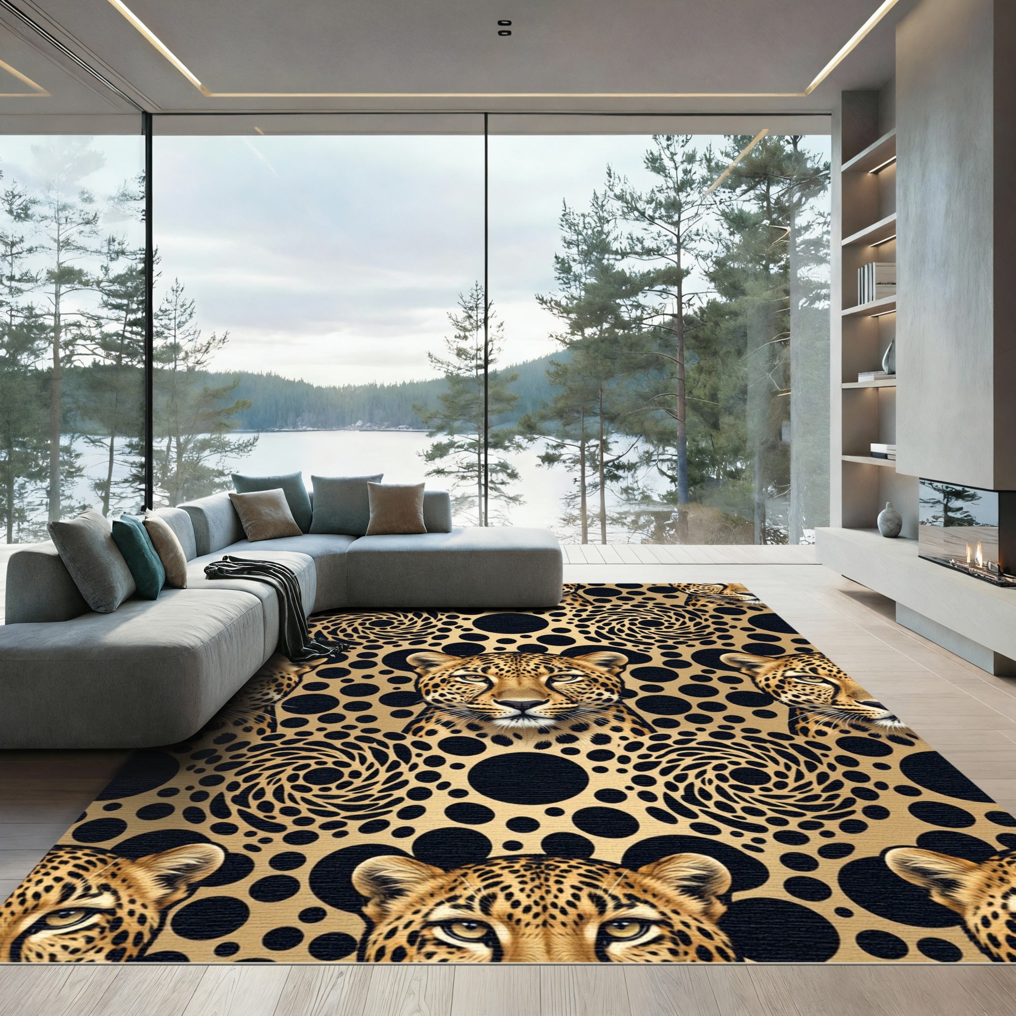 Golden Leopard Abstract Swirl Black Rug