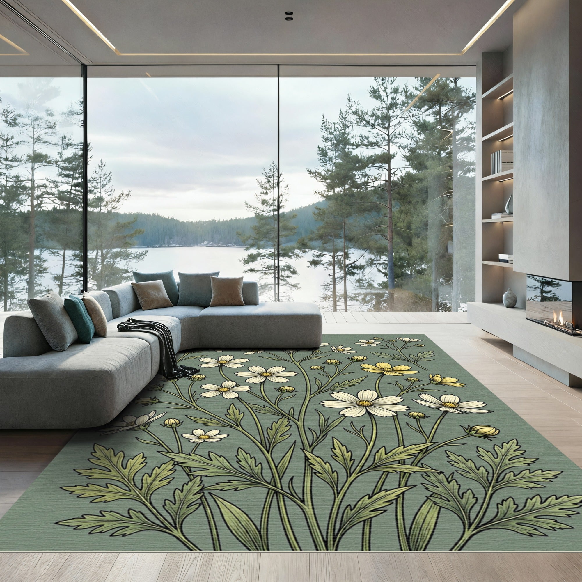 Cream White Yellow Flower Garden Rug