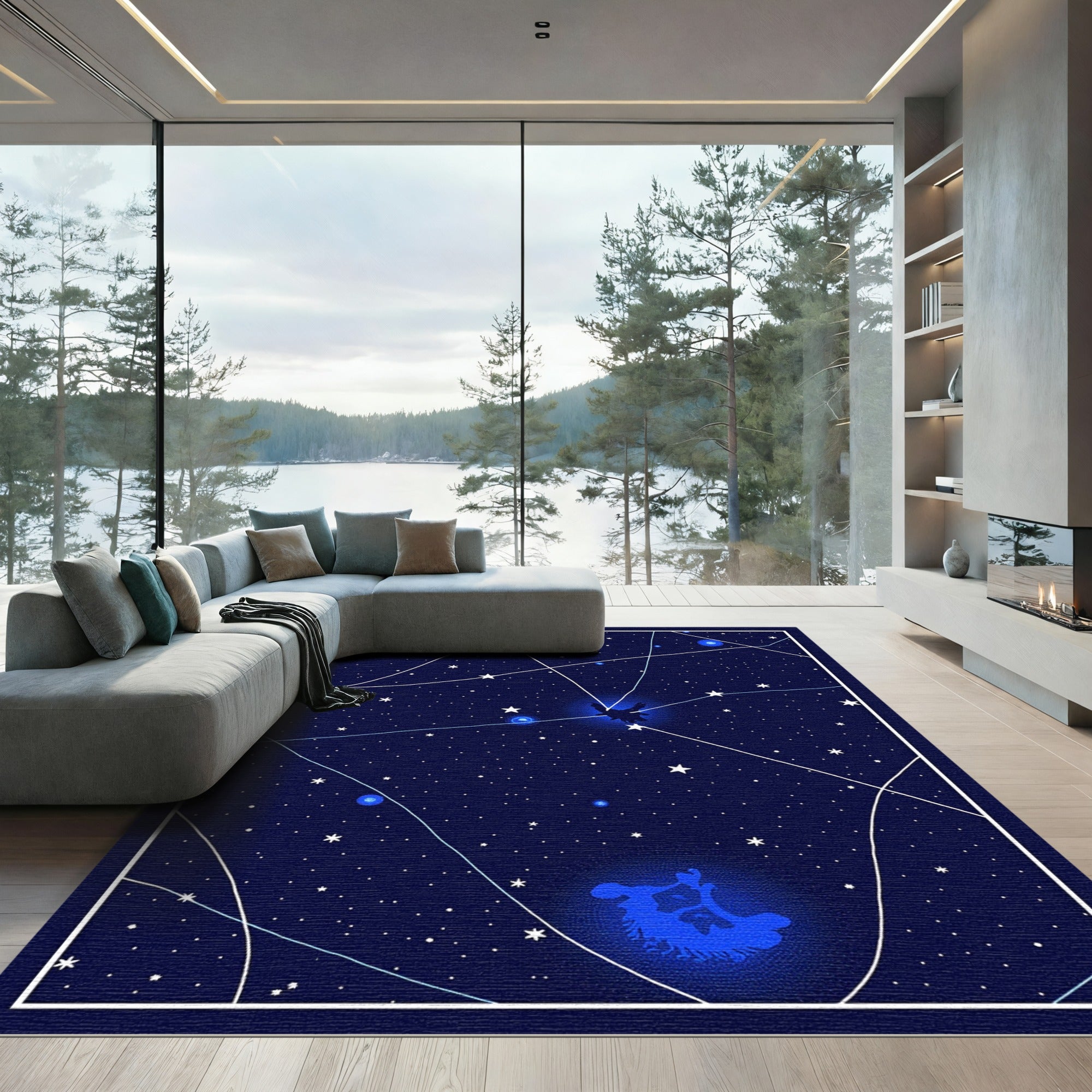 Deep Blue Celestial Cosmic Figures Rug
