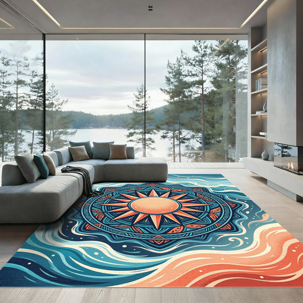 Radiant Solar Mandala Coastal Wave Art Rug
