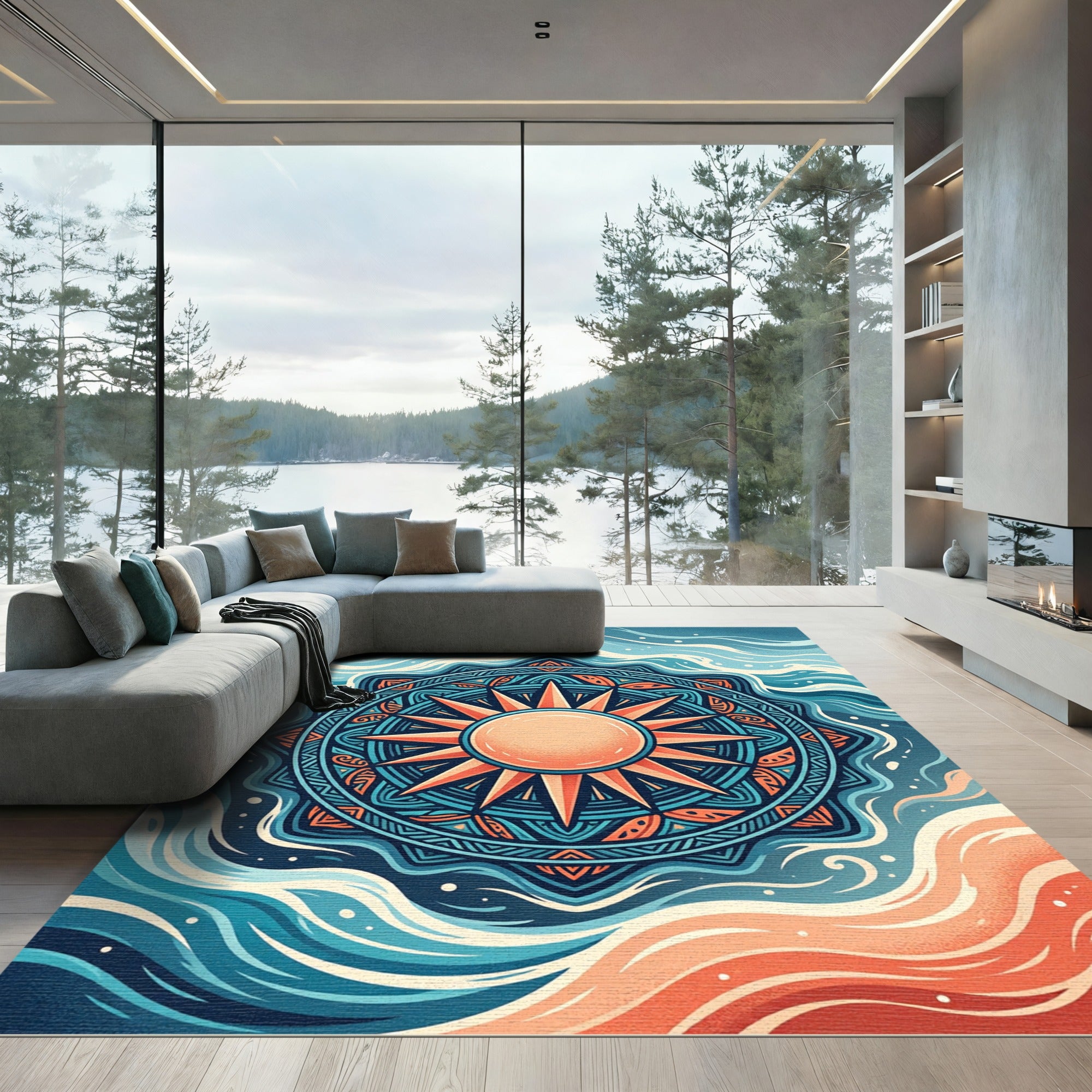 Radiant Solar Mandala Coastal Wave Art Rug