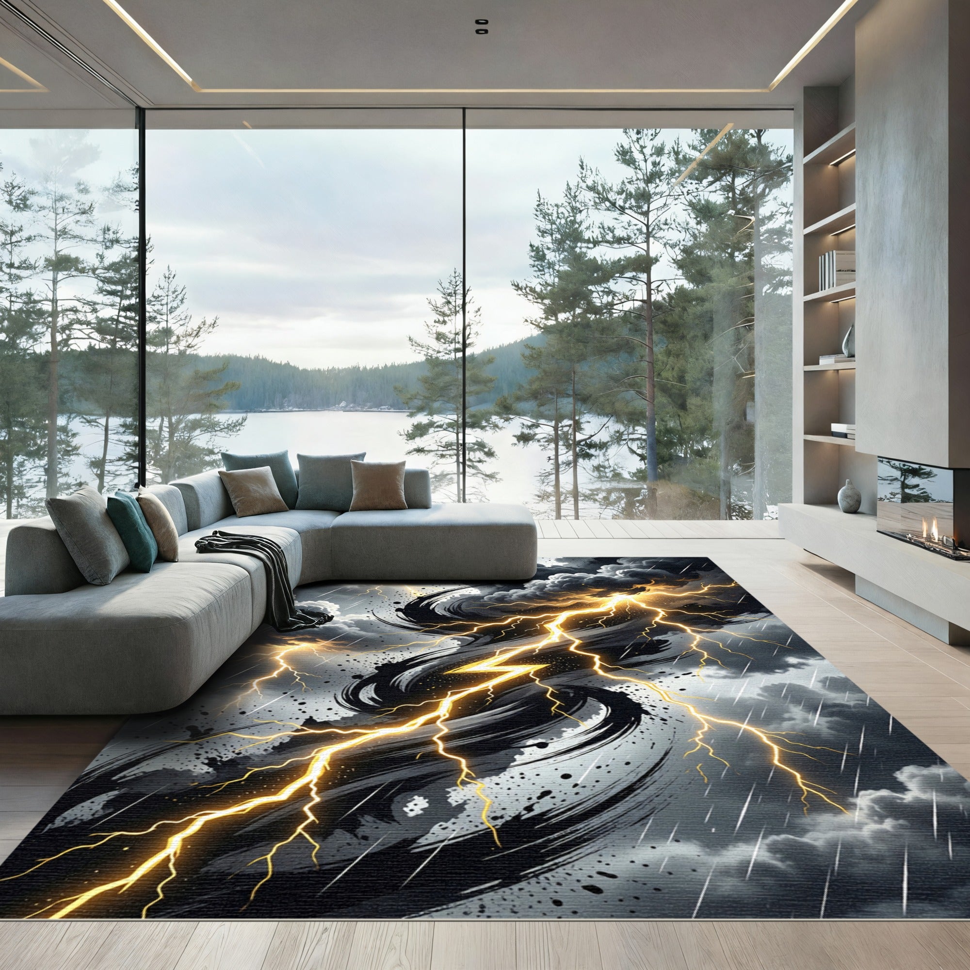 Electric Golden Lightning Storm Abstract Rug