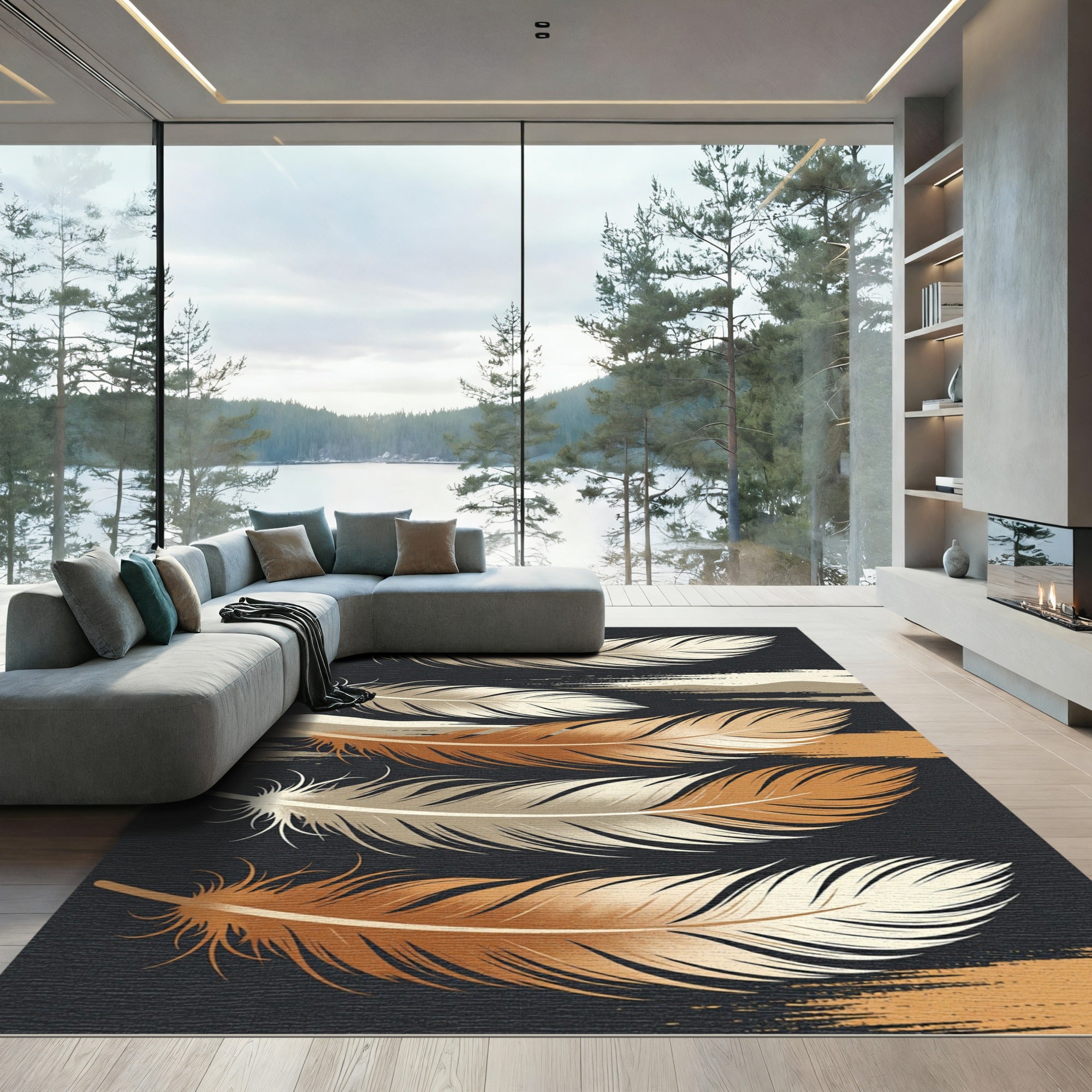 Golden Brown Feather Texture Layered Rug