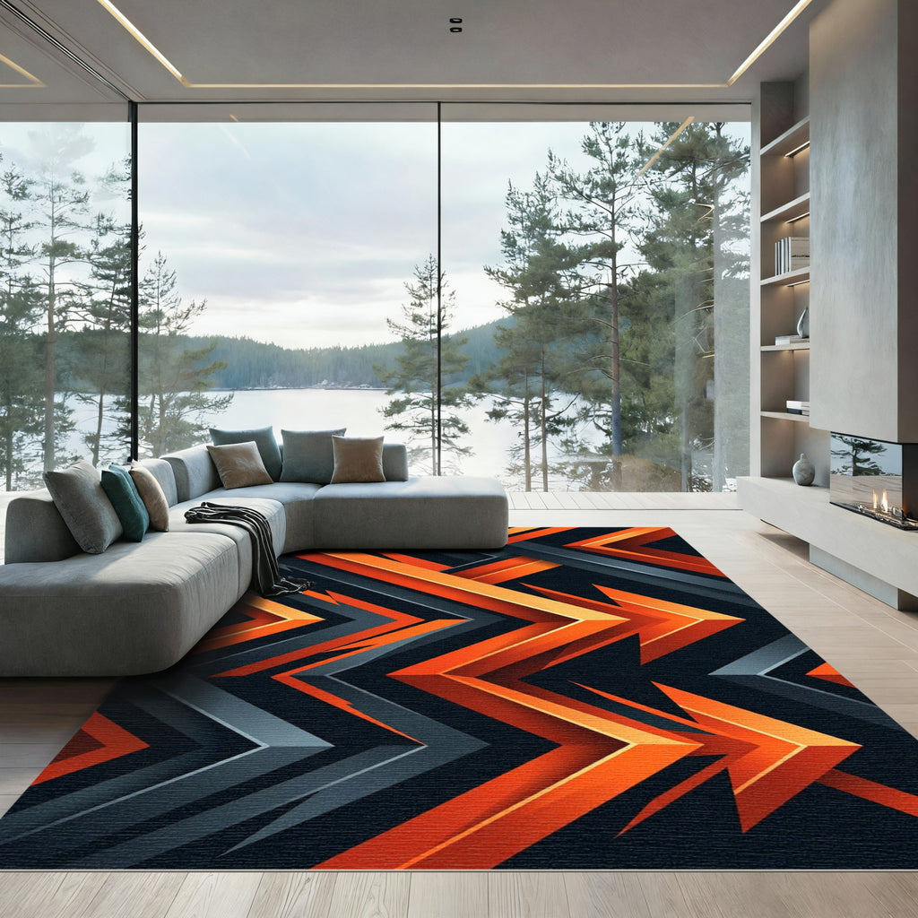 Bold Orange Charcoal Angular Geometric Chevron Rug