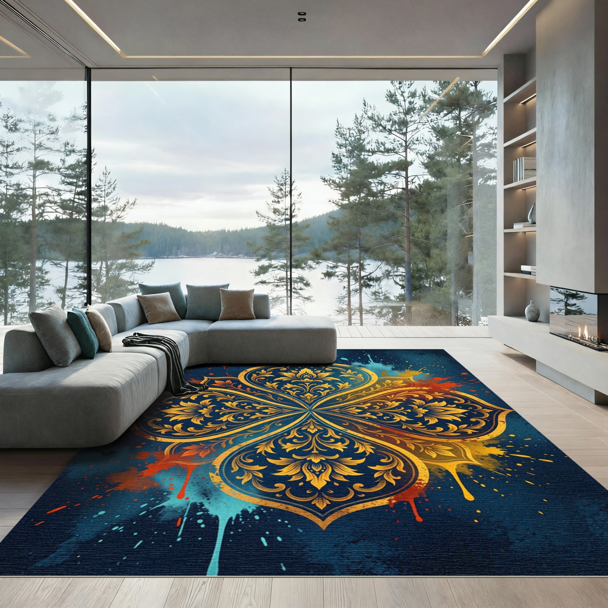 Golden Mandala Splash Art Rug