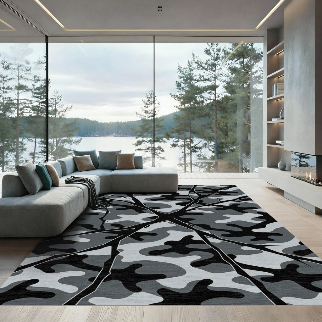 Grey Camouflage Cracked Branch Overlay Rug