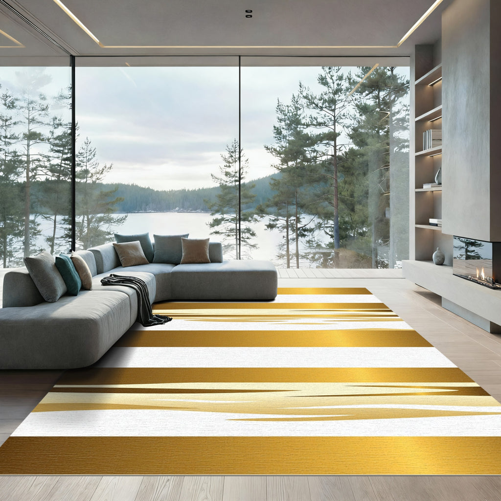 Contemporary Gold and White Abstract Stripe Rug