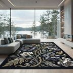 Dark Floral Scroll Gold Accents Rug