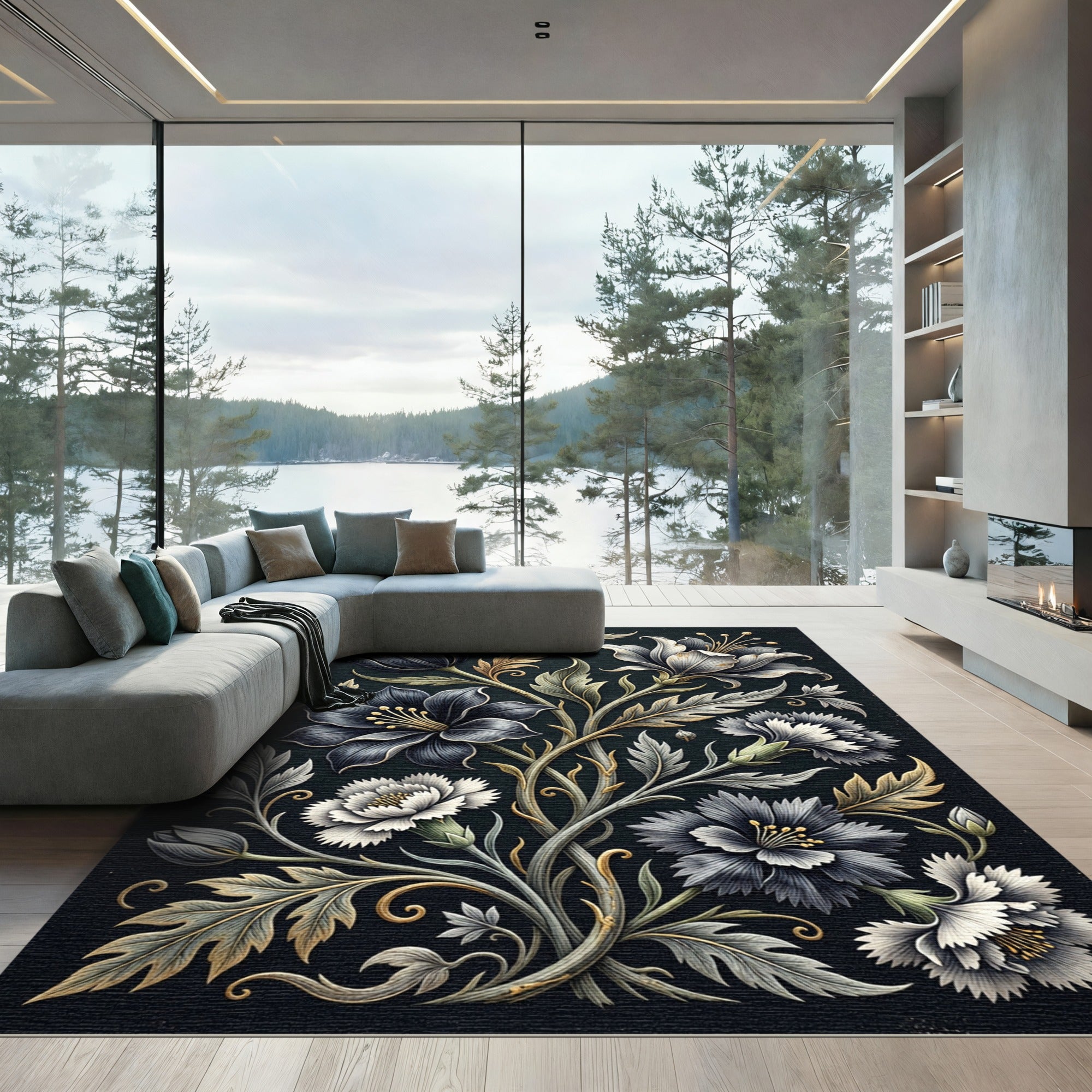 Dark Floral Scroll Gold Accents Rug