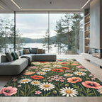 Soft Watercolor Poppy and Daisy Meadow Rug