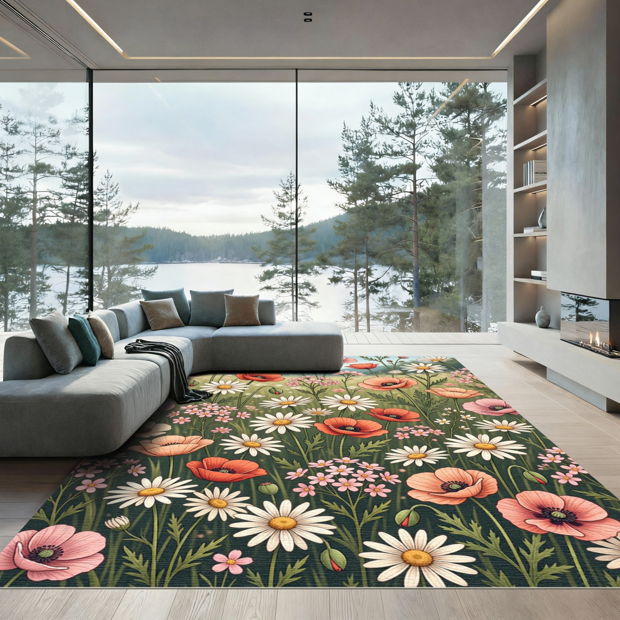 Soft Watercolor Poppy and Daisy Meadow Rug