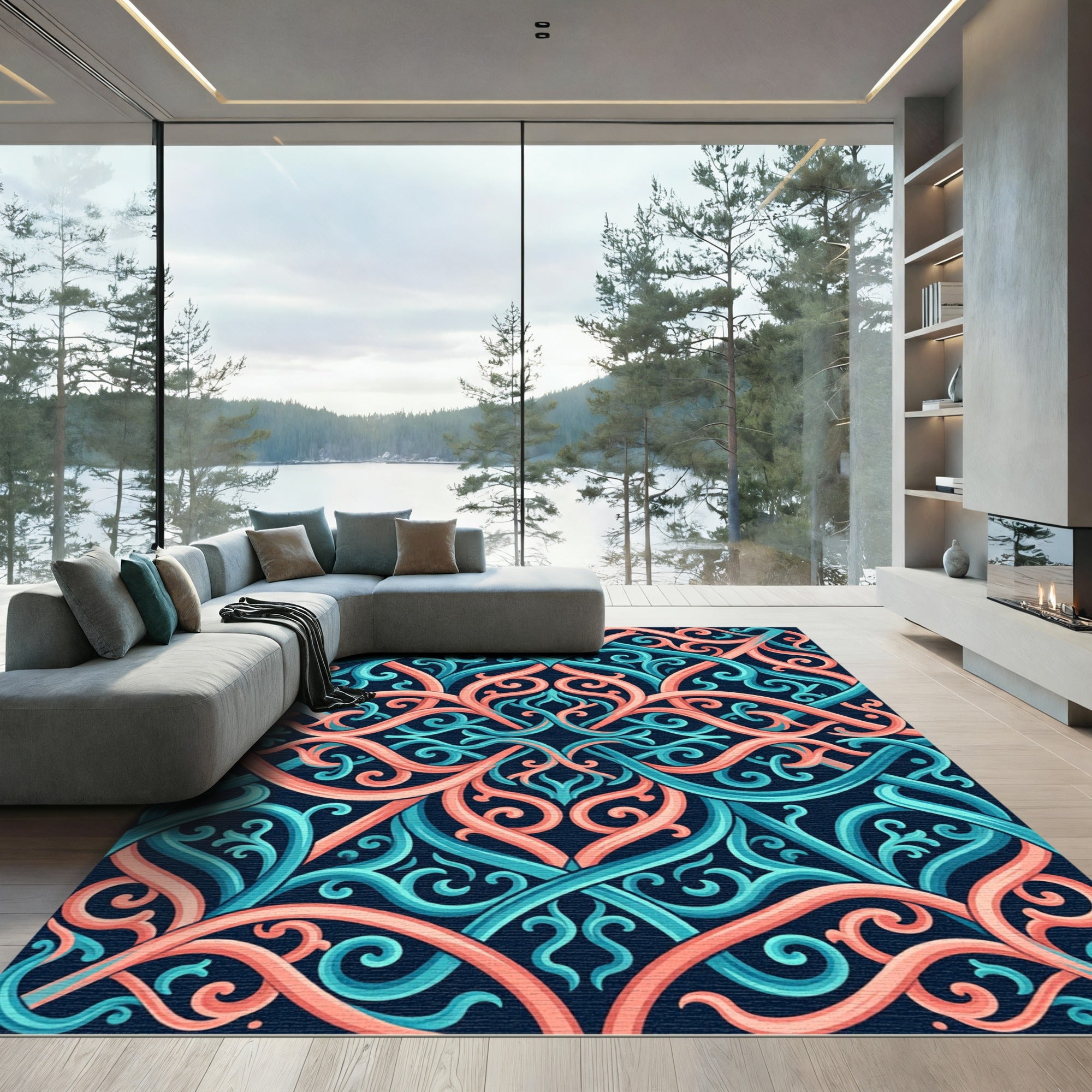 Intertwined Coral and Teal Scrollwork Rug