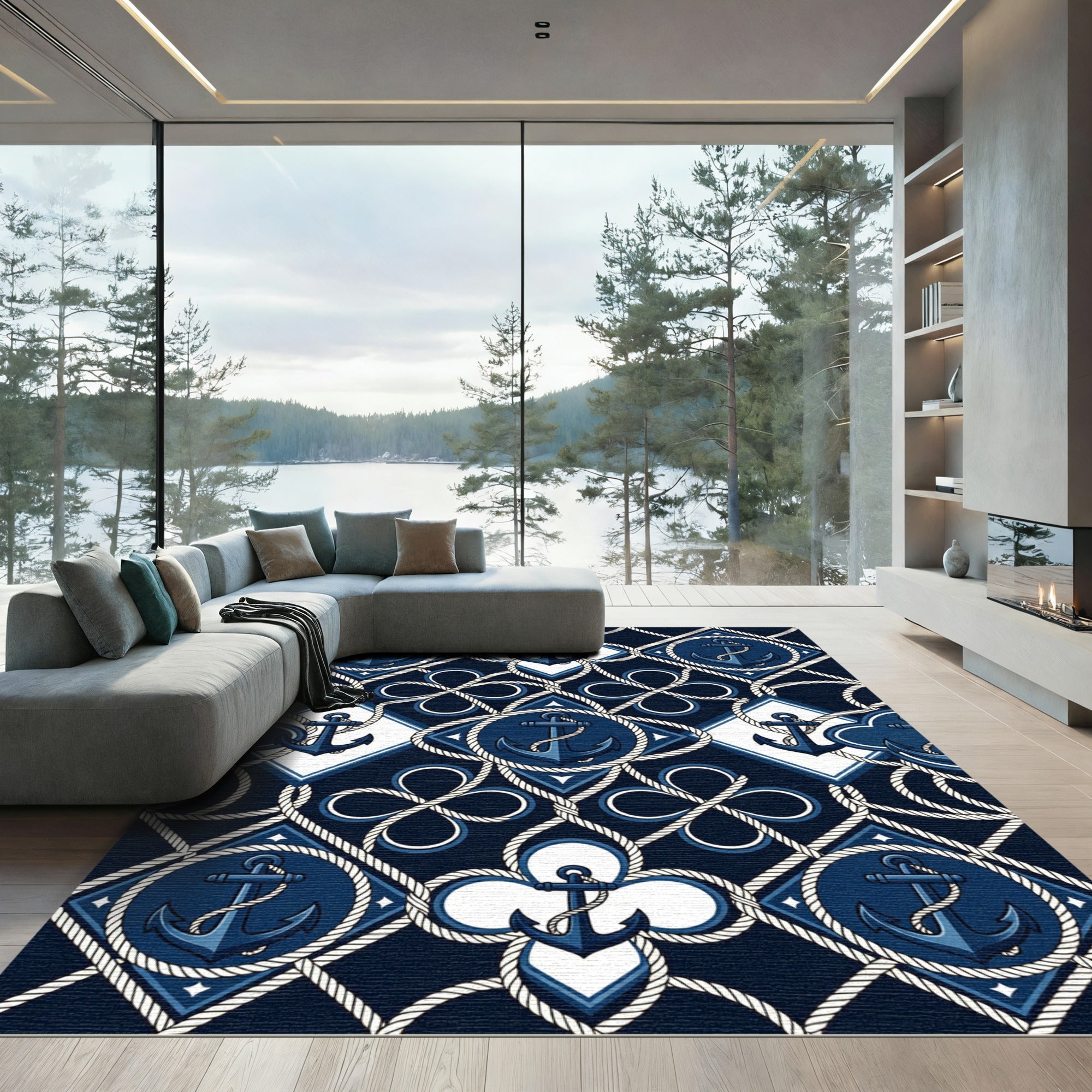 Navy Nautical Anchor Rope Geometric Rug