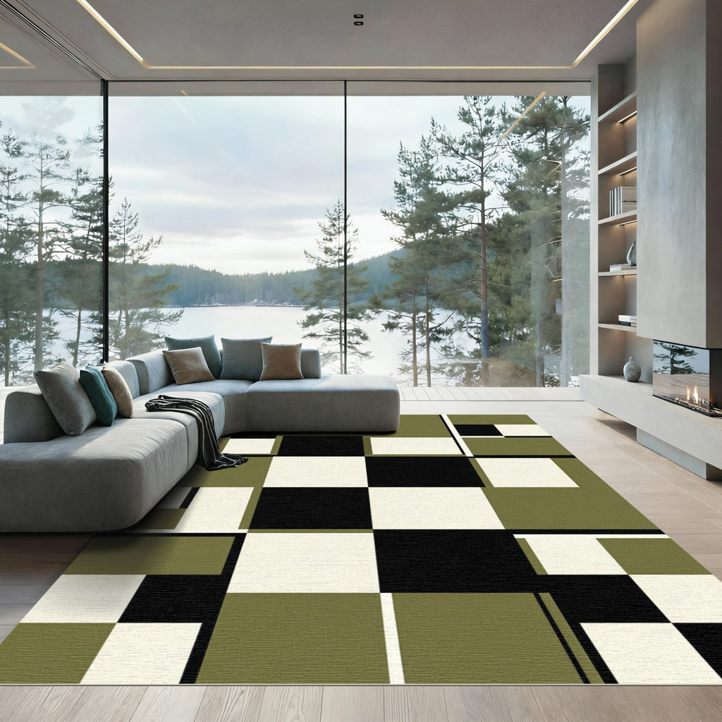 Modern Olive Matte Black Geometric Grid Rug