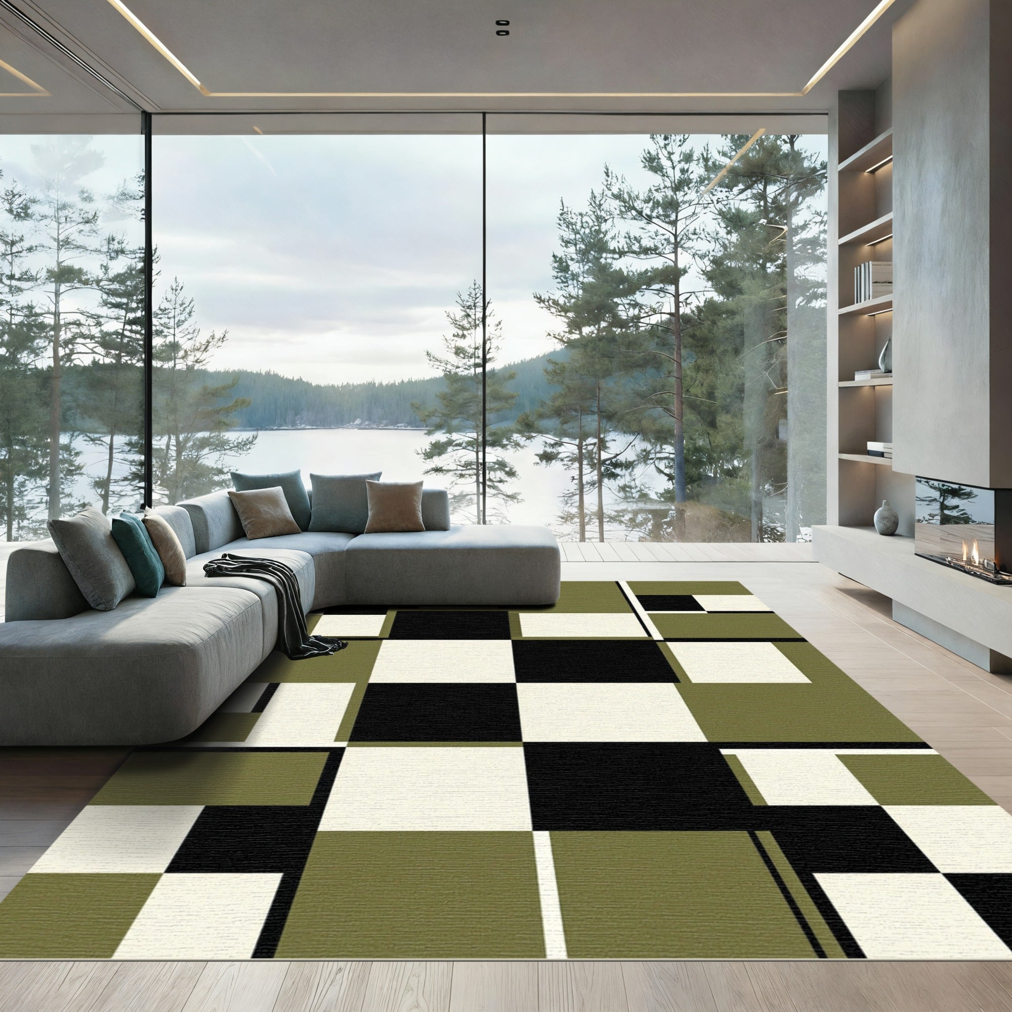 Modern Olive Matte Black Geometric Grid Rug