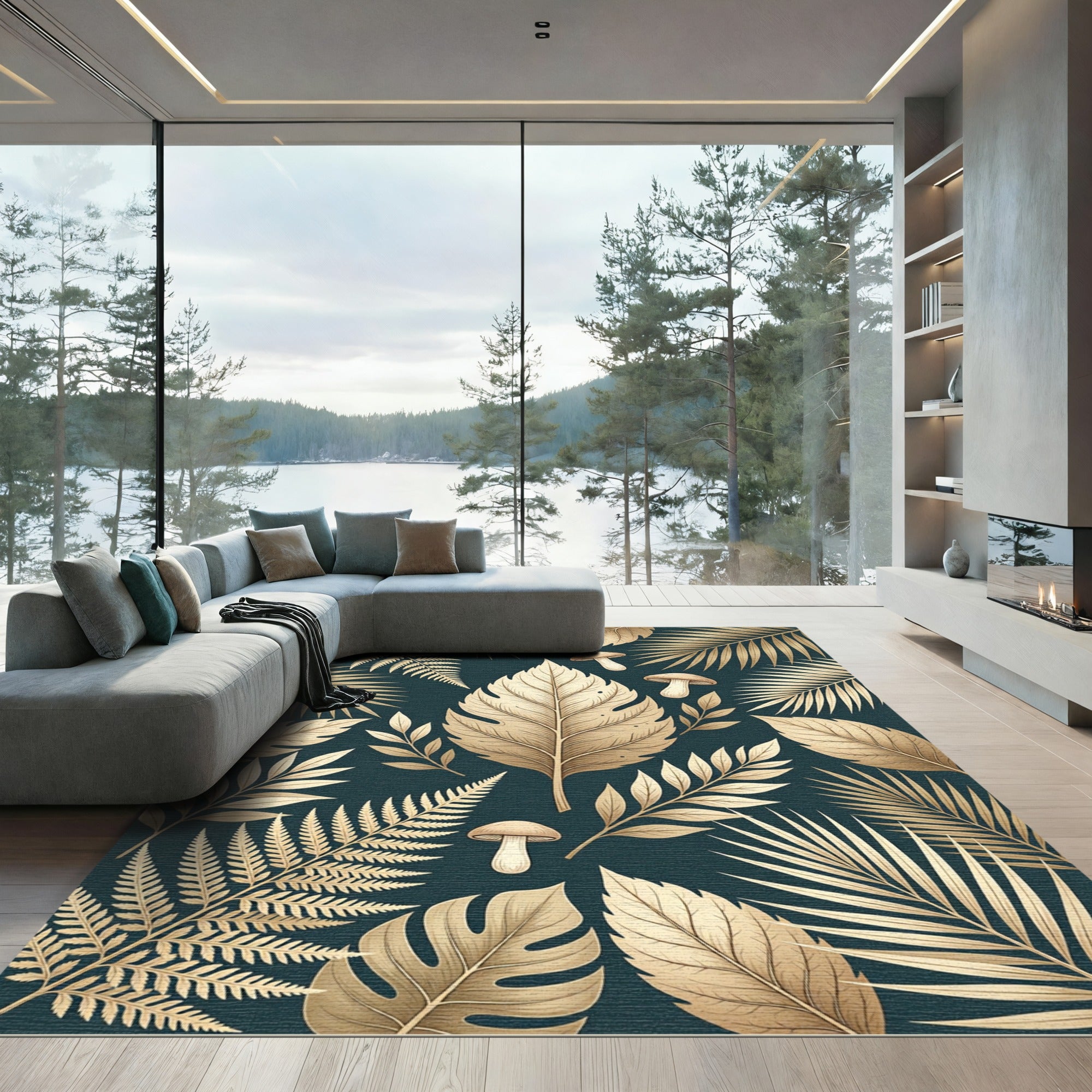 Golden Tropical Leaves and Mushrooms Rug