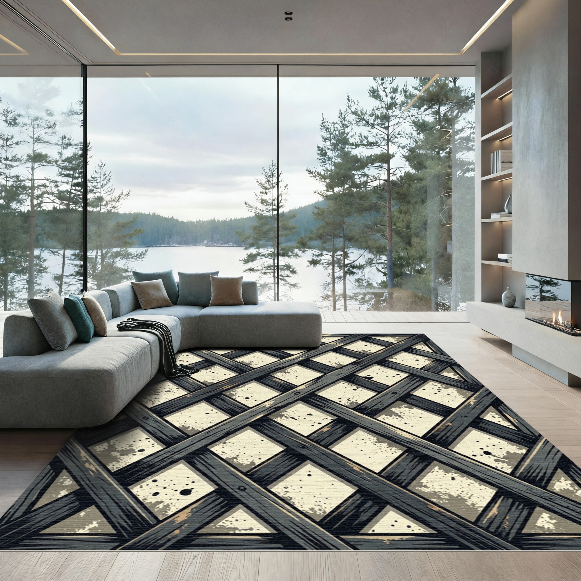 Distressed Industrial Dark Gray Lattice Rug