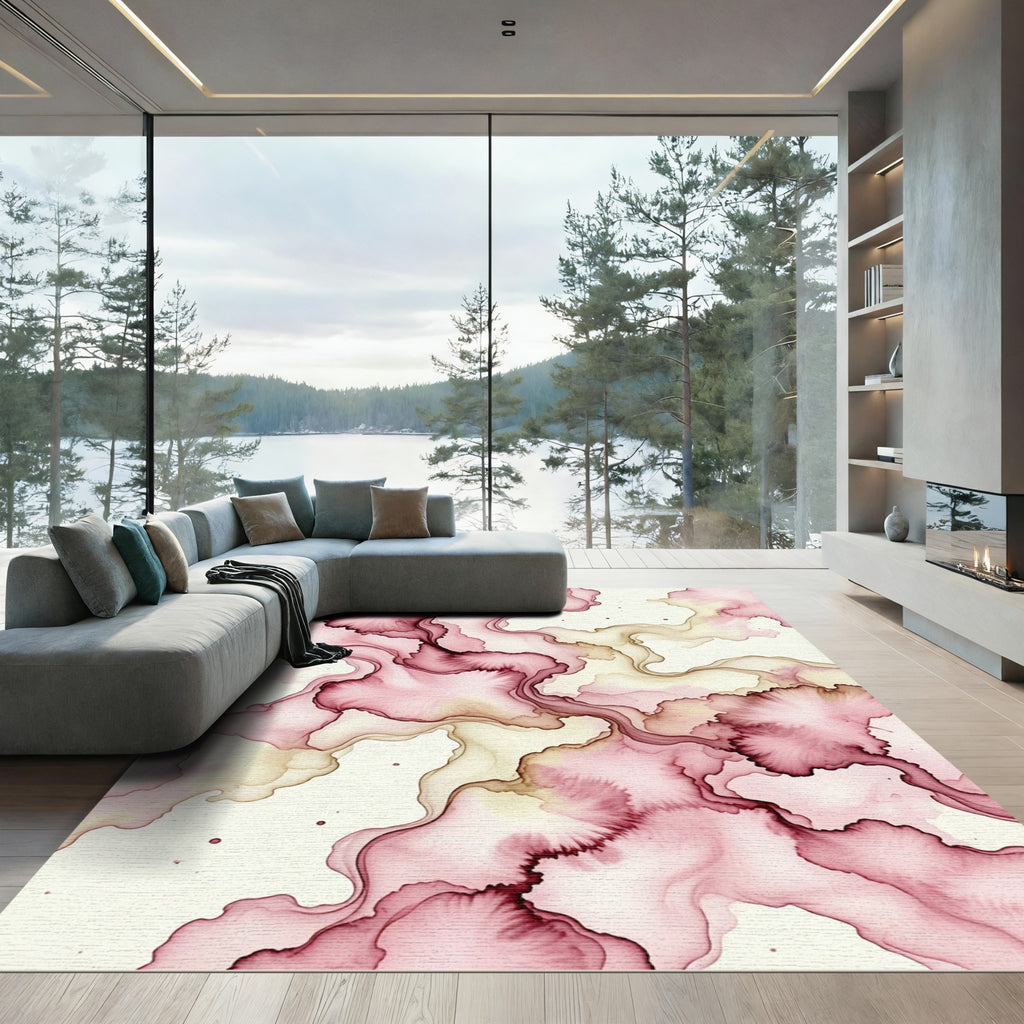 Crimson And Gold Swirling Ink Rug