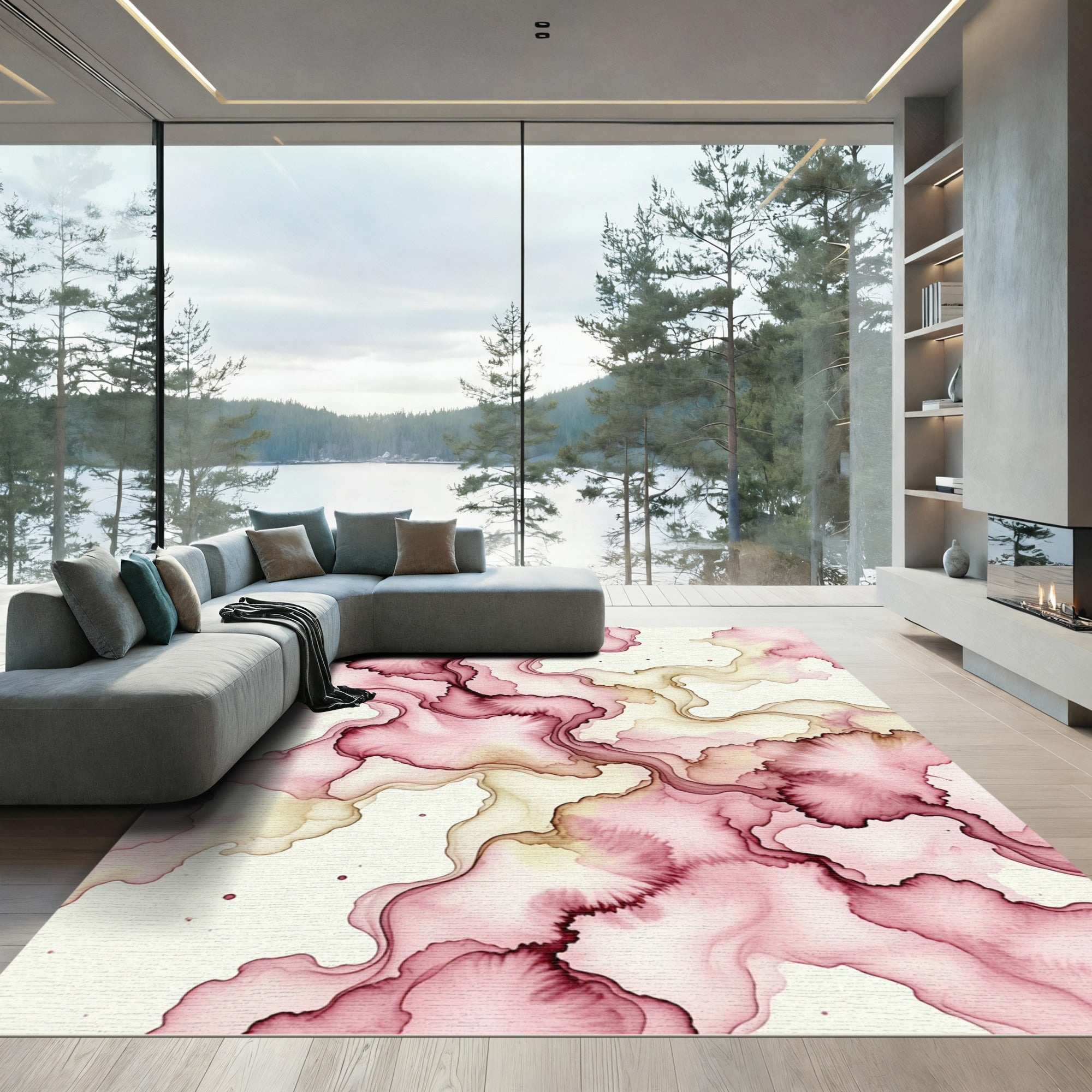 Crimson And Gold Swirling Ink Rug