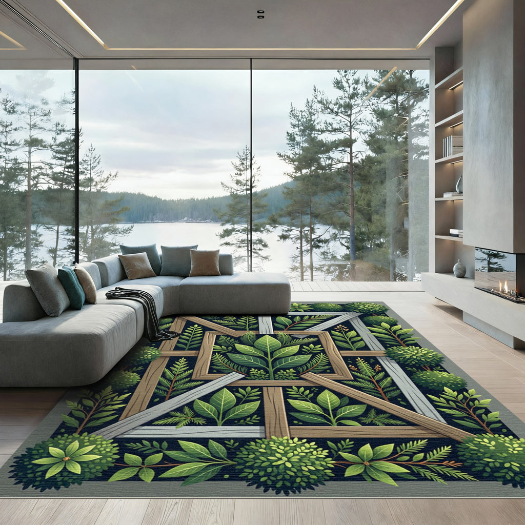 Lush Emerald Botanical Frame Rug