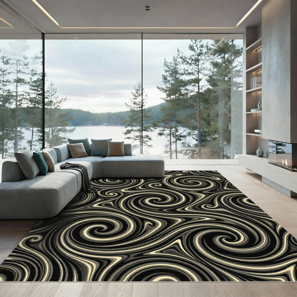 Black Cream Swirling Marble Lines Rug