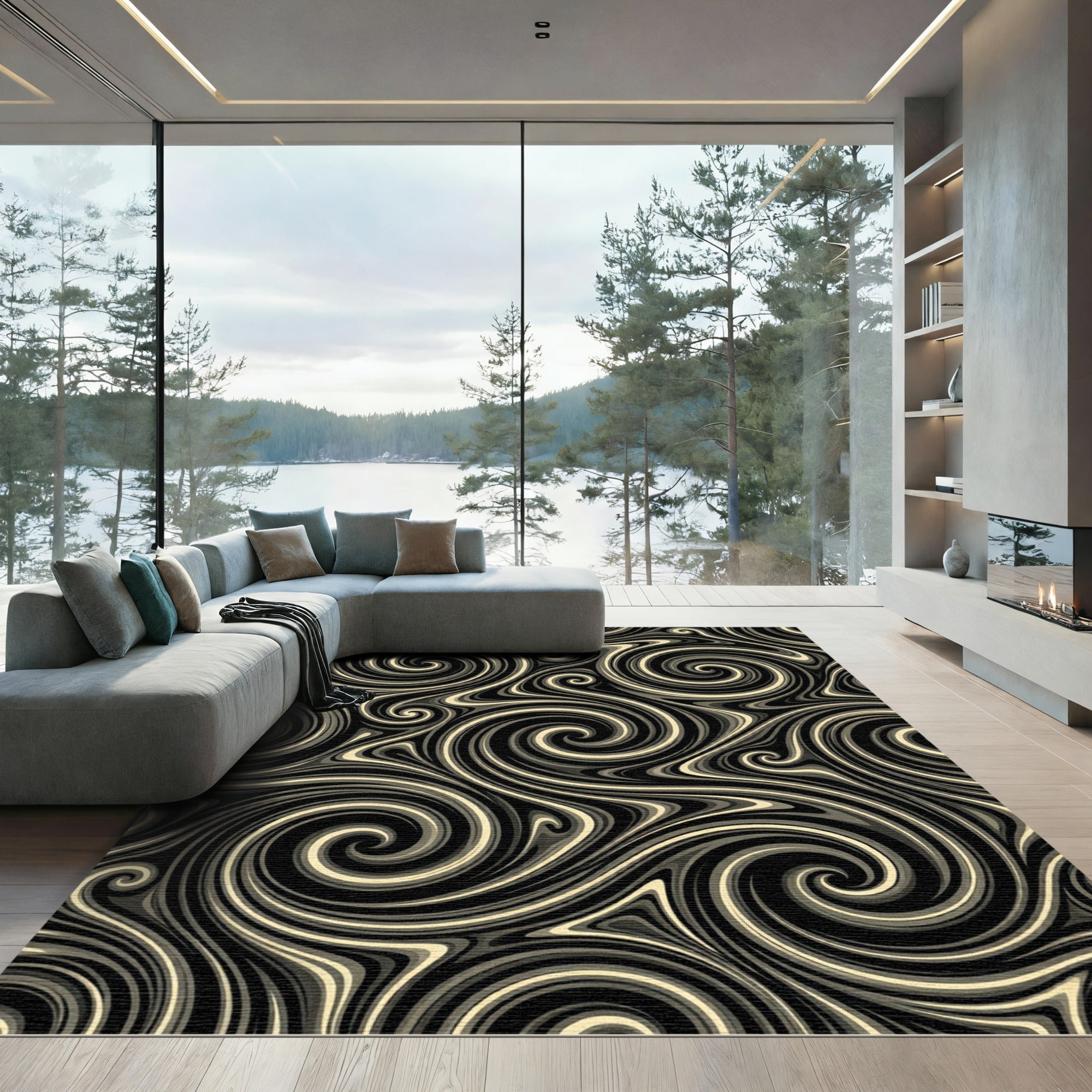 Black Cream Swirling Marble Lines Rug